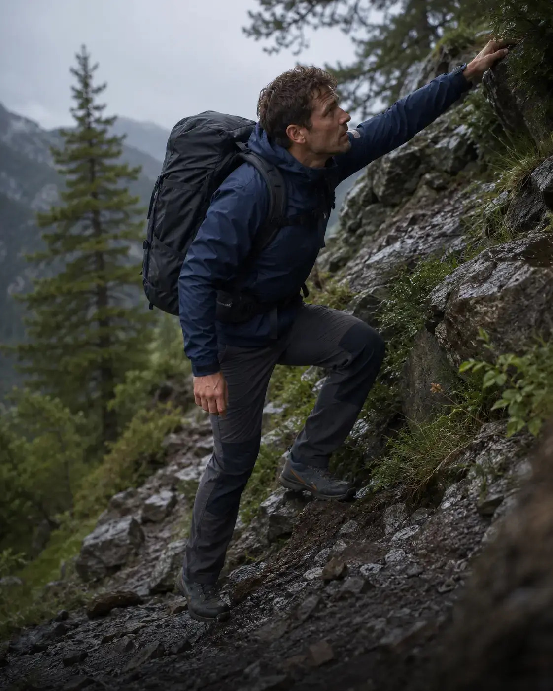 Hiker wearing custom outdoor apparel with a loaded backpack