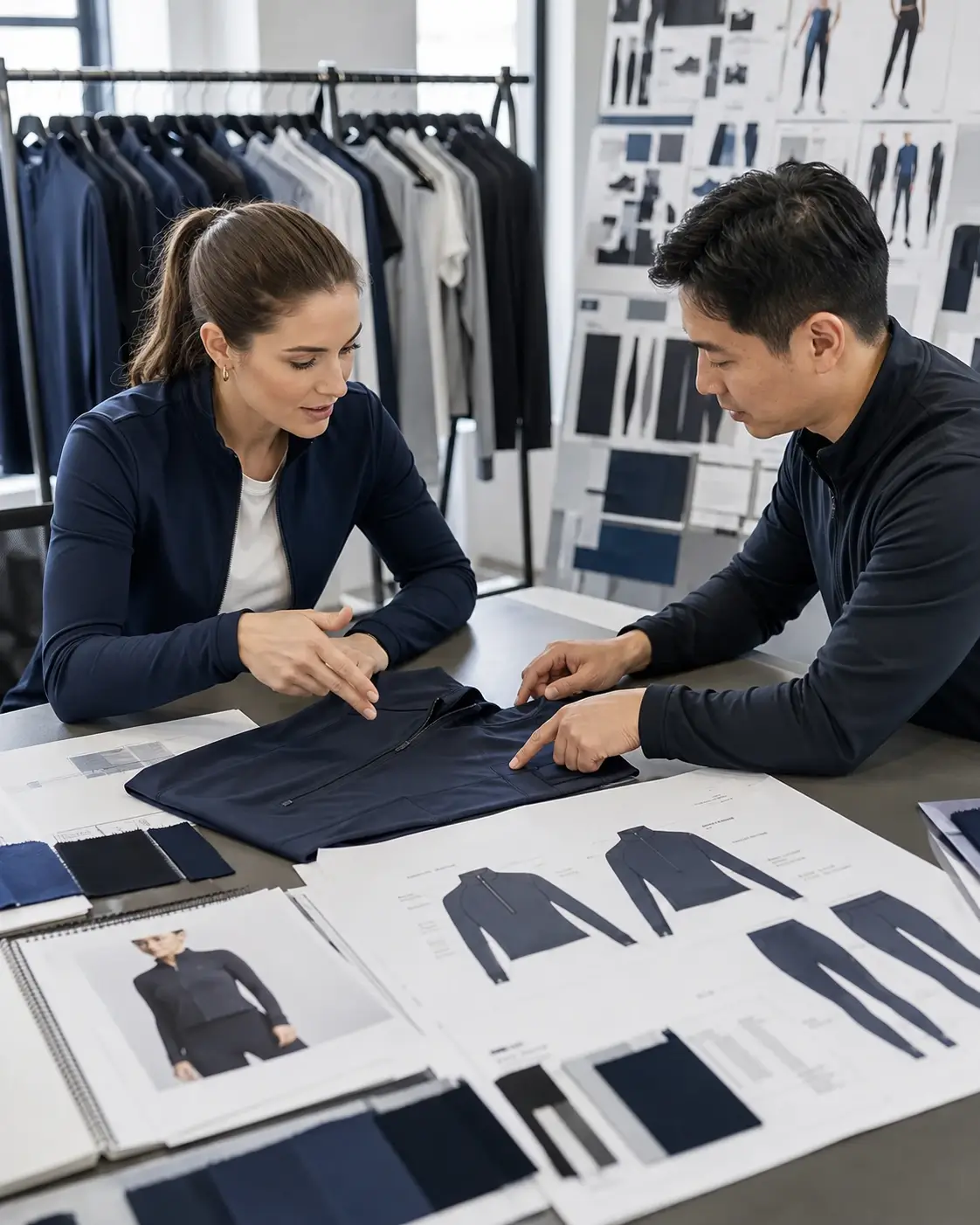 Client and activewear factory development team reviewing shared responsibilities