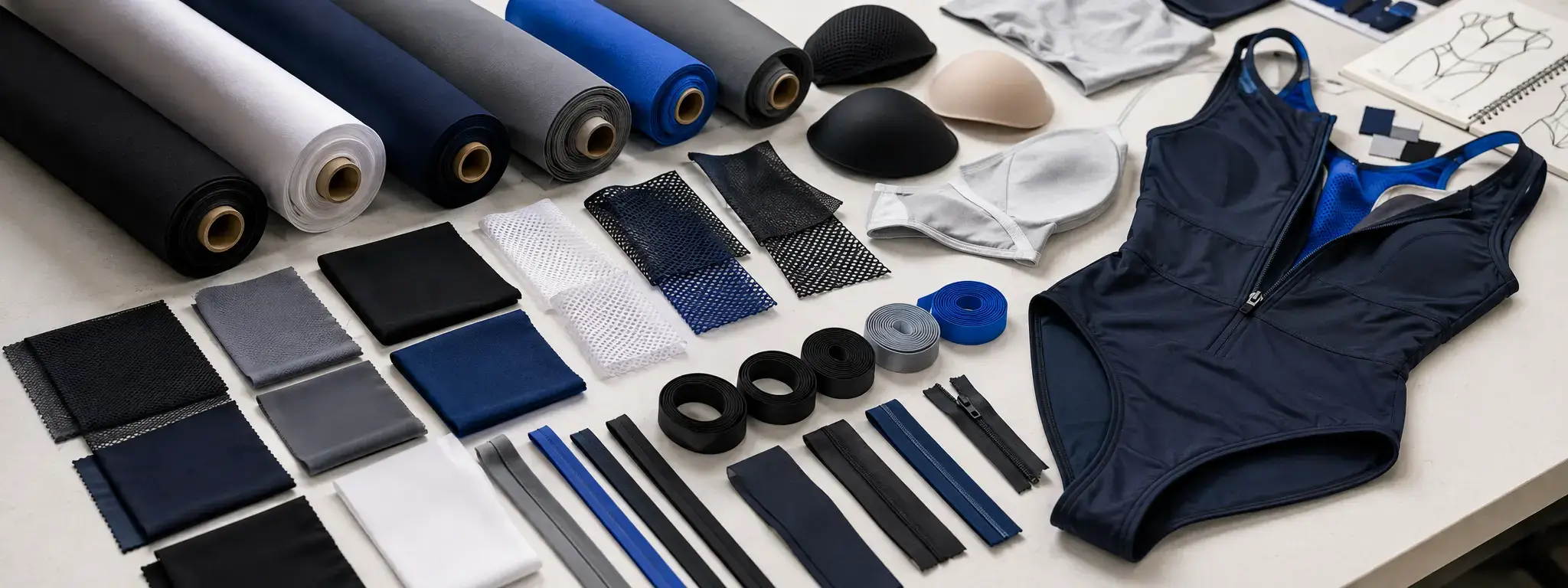One piece activewear fabrics linings and elastics\