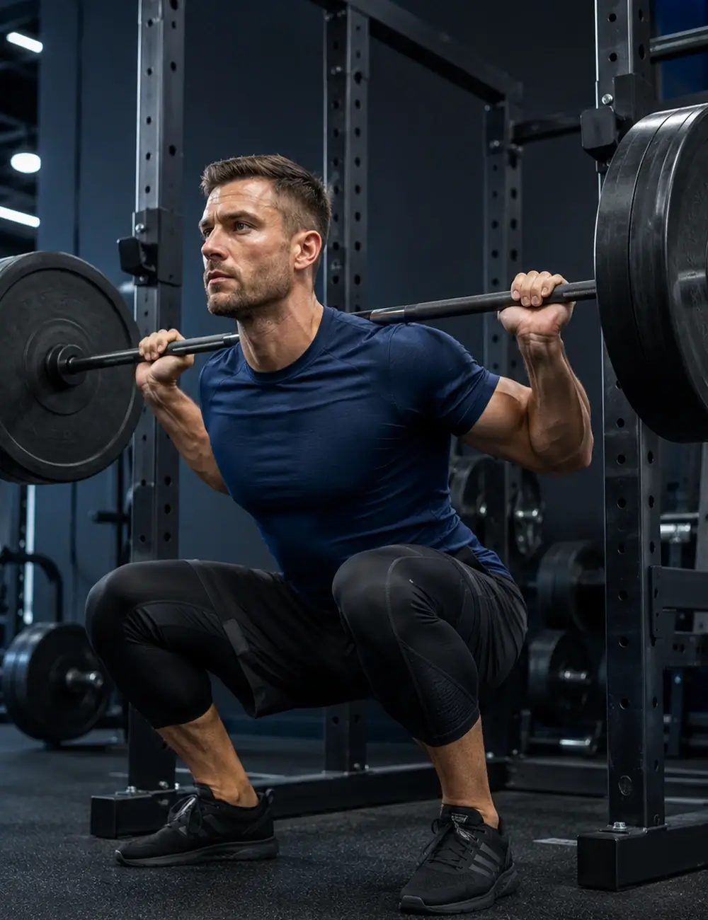 Athlete performing a deep barbell squat to evaluate gym apparel mobility and waistband stability