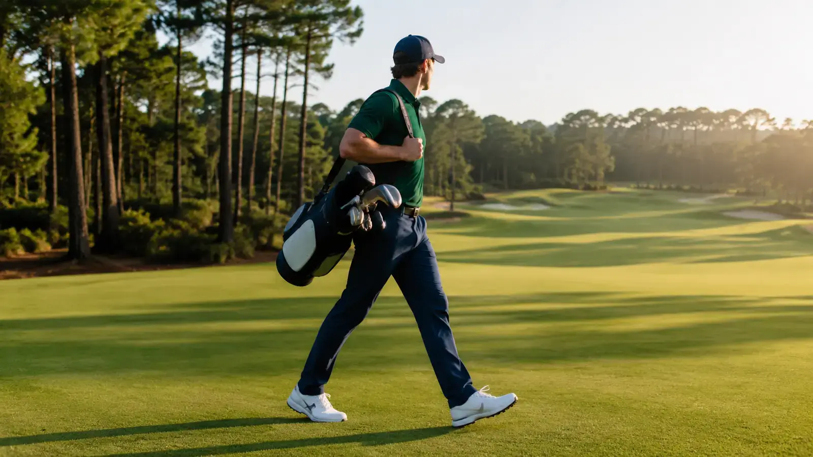 Golfer walking the course in custom performance golf apparel
