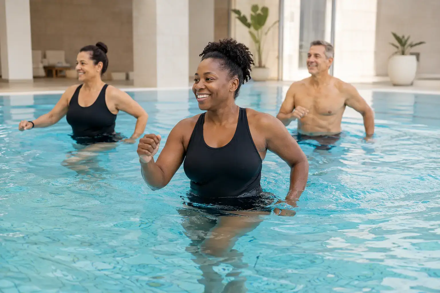 Aquatic fitness and leisure swimwear used during an active pool session