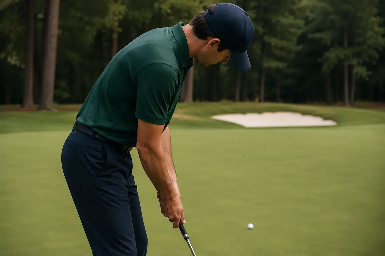 Golfer in putting stance for golf apparel posture evaluation