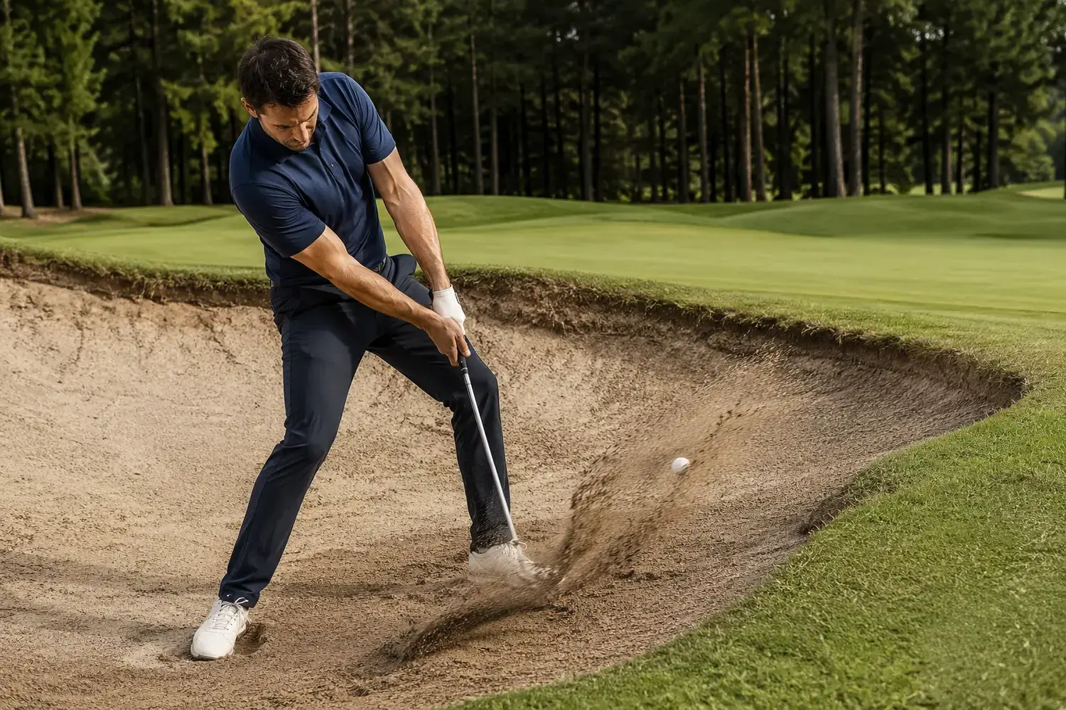 Golfer playing from a bunker and testing apparel mobility on an uneven lie