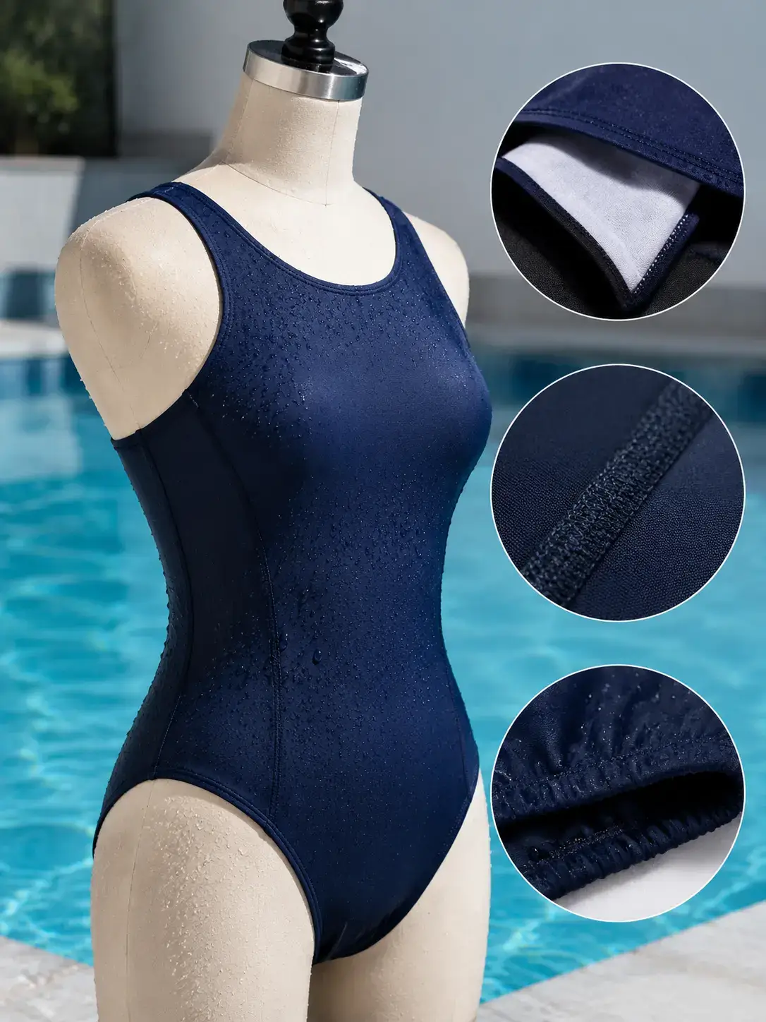 Wet swimwear fabric and construction detail beside a swimming pool