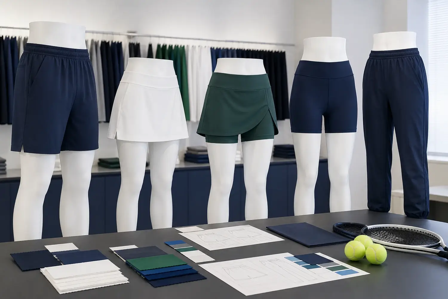 Custom tennis shorts, skirts, skorts, compression shorts and warm-up pants