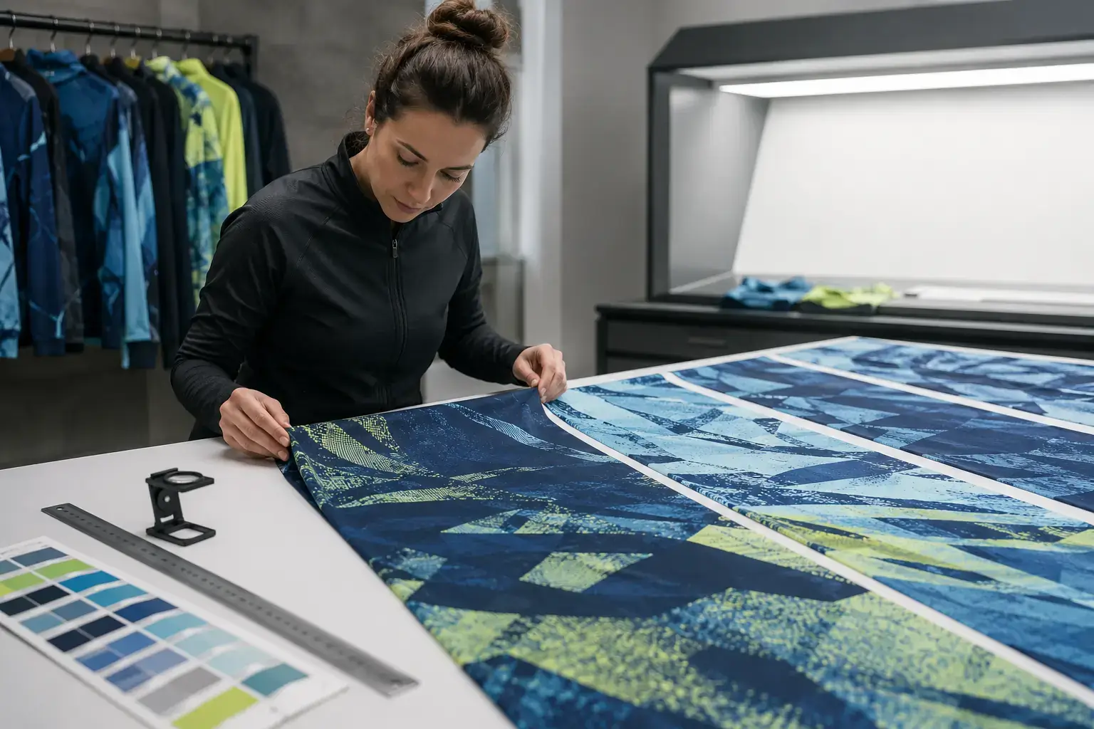 Activewear print strike-off reviewed before bulk production