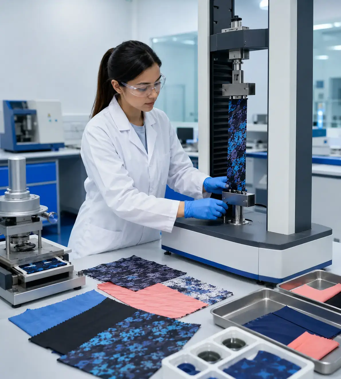 Activewear fabric and print testing in a textile quality-control laboratory