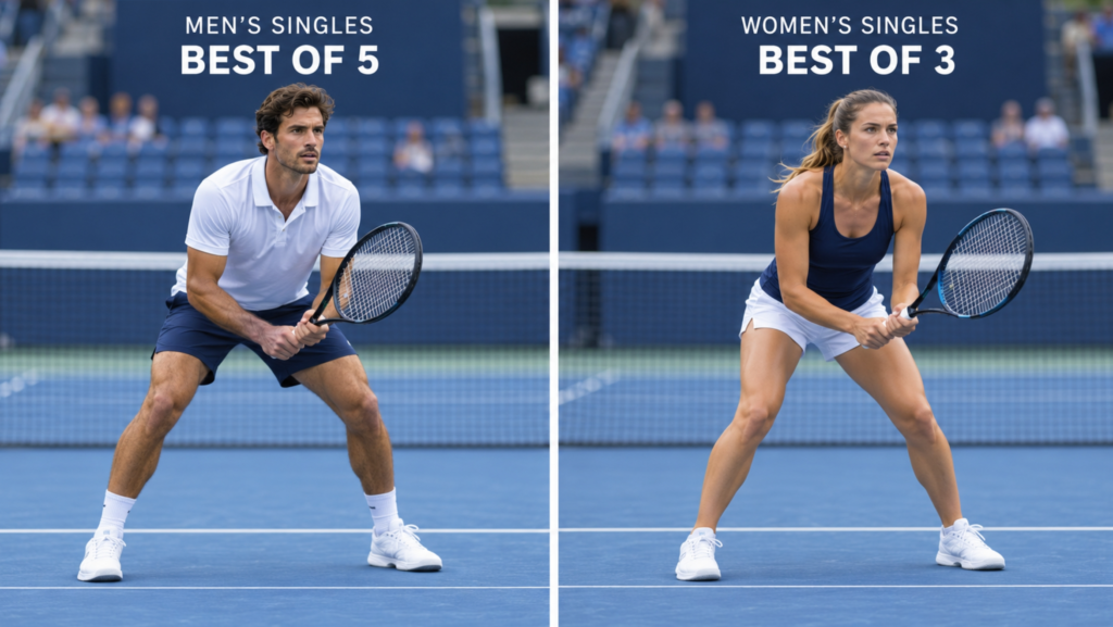 Men’s and women’s singles tennis players with “Best of 5” and “Best of 3” format labels.